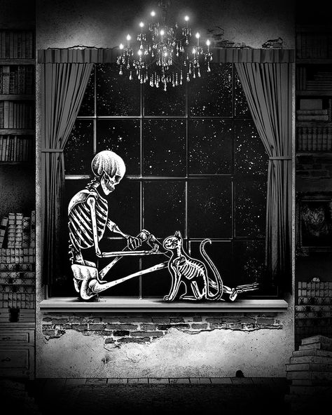 Black Cat And Skeleton Wallpaper, Skeleton Cat Wallpaper, Skeleton With Cat, Dark Surrealism, Home Decor Dark, Skeleton Artwork, Skeleton Cat, Bark At The Moon, Gothic Home