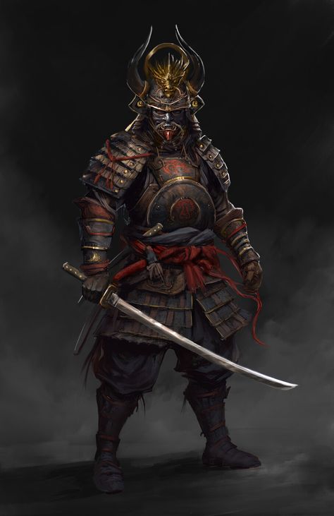 Fantasy Samurai Art, Samurai Rpg Character, Dnd Samurai Character Design, Chinese Warrior Art, Shogun Armor, Samurai Concept Art, Dnd Samurai, Zombie Samurai, Knight Samurai