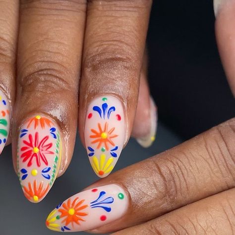 Cruise Nail Art Designs, Mexican Cruise Nails, Latin Inspired Nails, Latin Nail Designs, Cruise Nails Mexico, Fiesta Nails Designs, Cruise Nail Art, Cinco De Mayo Nails Ideas, Mexico Inspired Nails