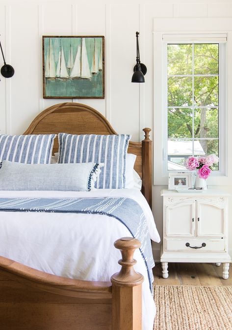 Bed With Sconces, Bedroom Sconces Bedside, Bed Sconces, Lake House Bedding, Breeze House, Beach Bedrooms, Addition Plans, Lilypad Cottage, Blue And White Bedding