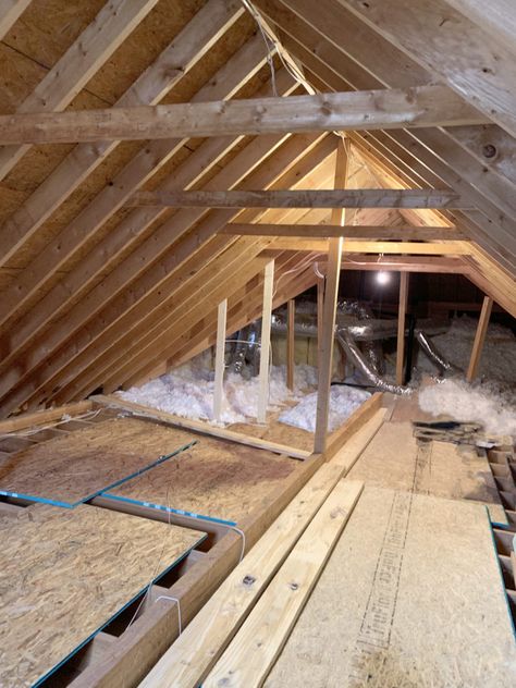 Diy Attic Remodel, Stairs To Attic Conversion, Bungalow Loft Conversion, Attic Conversion Ideas, Cedar Beams, Cottage Entryway, Attic Makeover, Attic Office, Finished Attic