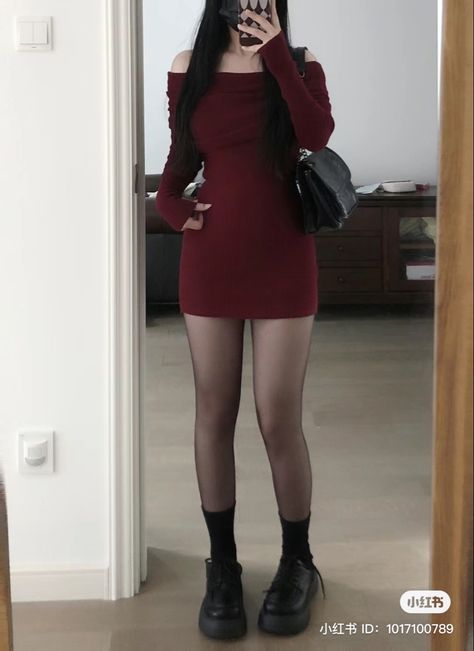 Cute Outfits With Stockings Aesthetic, Red Dress Stockings Outfit, Black Dresses With Tights, Outfits With Stockings Aesthetic, Stoking And Dress, Red Dress With Stockings Outfit, Dark Feminine Outfits Classy, Red Dress With Tights, Red Long Sleeve Shirt Outfit