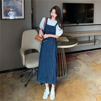 Long A Line Skirt, Side Split Dress, Denim Jumper Dress, High Waisted Denim Skirt, Denim Midi Dress, Korean Dress, Color Dress, Dress Set, White Midi Dress