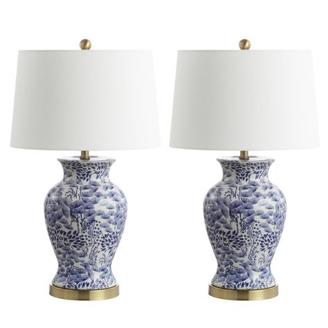 Bring splendor and sophistication to any living room with this classic table lamp. Rich blue flowers illuminate its white ceramic curves, while a crisp complementary 100% cotton off-white shade adds polish. White Dining Room Decor, Blue And White Lamp, Chinoiserie Lamps, Ginger Jar Lamp, Classic Table Lamp, Pc Table, Lamp Set, Standard Lamps, Table Lamp Sets