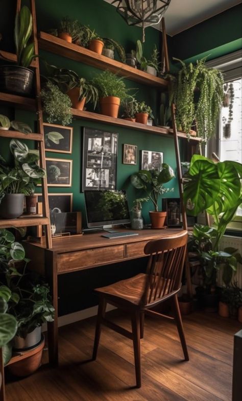 Dark Green Wall With Plants, Library With Plants, Dark Wood Bookshelves, Boho Bookshelf, Plants And Books, Lots Of Plants, Plant Room, Room With Plants, Green Rooms