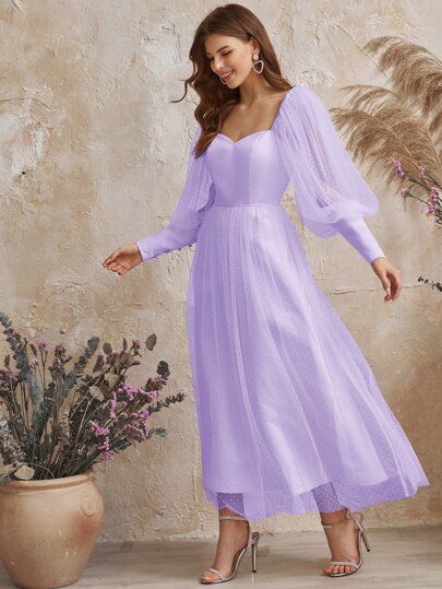 Free Returns ✓ Free Shipping On Orders $49+ ✓. Lantern Sleeve Dobby Mesh Maxi Dress- Dresses at SHEIN. Lavender Long Sleeve Dress, Light Purple Dress Long Sleeve, Lilac Long Sleeve Dress, Lavender Linen Dress, Corian Dress, Shein Dress Party, Satin Frocks For Women, Purple Dress Design, Satin Dress Design