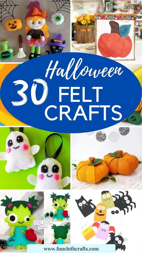 30 halloween felt crafts, felt ghosts, felt pumpkins, cute zombie girl, Halloween finger puppets Diy Halloween Puppets, Ideas For Felt Crafts, Halloween Hand Sewing Projects, Halloween Sewing Decorations, Halloween Felt Patterns Free Printable, Halloween Plushies Diy, Diy Felt Halloween Decorations, Halloween Felt Crafts Diy, Felt Halloween Ornaments Free Patterns