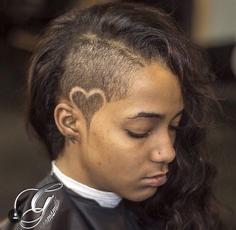 Women's custom Undercut heart design created by The Groomsmith, Tariq Nevar. Heart Shaved Hair Design, Fauxhawk Mullet, Heart Undercut, Lulu Hair, Side Shave Design, Shaved Haircut, Shave Designs, Hair Tattoo Designs, Shaved Head Designs