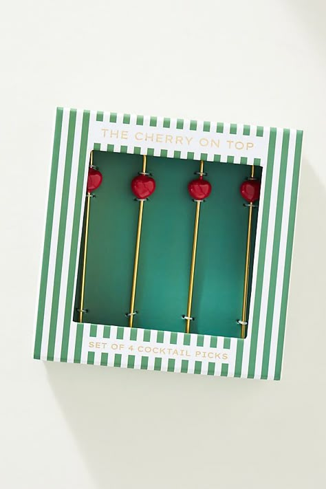 Delight your guests this season with these whimsical cherry cocktail picks. | Cherry Garnish Cocktail Picks, Set of 4 by Anthropologie Drink Tree, Drink Accessories, Cocktail Napkin Holder, Cocktail Stirrers, Cherry Cocktail, Lucky Girl Syndrome, Gift Wishlist, Cocktail Garnish, Cocktail Sticks