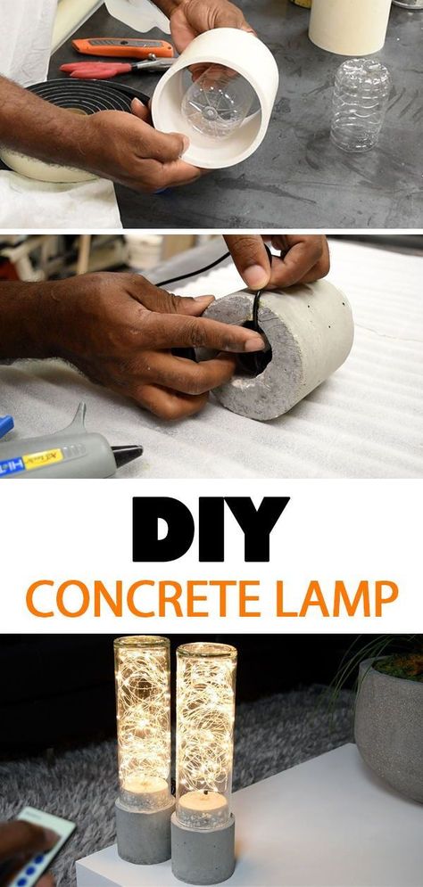 Diy Concrete Lamp, Diy String Lights, Concrete Light, Cement Diy, Concrete Diy Projects, Concrete Lamp, Cement Art, Concrete Forms, Concrete Furniture