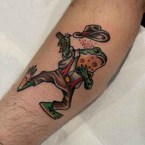 Cowboy Frog Tattoo, Super Mario Tattoo, Cowboy Hat Tattoo, Traditional Tattoo Drawings, Mario Tattoo, Cowboy Frog, Cowboy Tattoos, Frog Tattoo, Unusual Tattoo