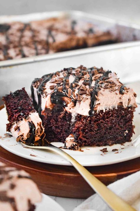 Chocolate Poke Cake • Dance Around the Kitchen Poke Bundt Cake, Cake Mix Whoopie Pies, Matilda Chocolate Cake, Dance Around The Kitchen, Chocolate Pudding Cake, Chocolate Poke Cake, Rich Cake, Chocolate Whipped Cream, Poke Cake Recipes