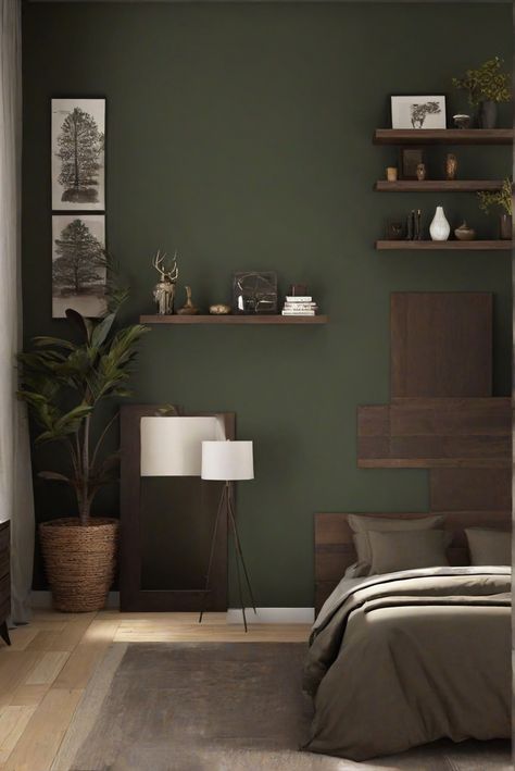 bedroom decor, home interior design, interior bedroom design, living room interior Dark Green And Brown Bedroom Aesthetic, Dark Green Wall Masterbedroom, Room Accent Wall Ideas Paint Colors, Deep Green Wall Color, Dark Forest Green Accent Wall, Green Walnut Bedroom, Green And Brown Room Ideas Bedroom, Dark Green Aesthetic Bedroom Accent Wall, Deep Green Wall Paint