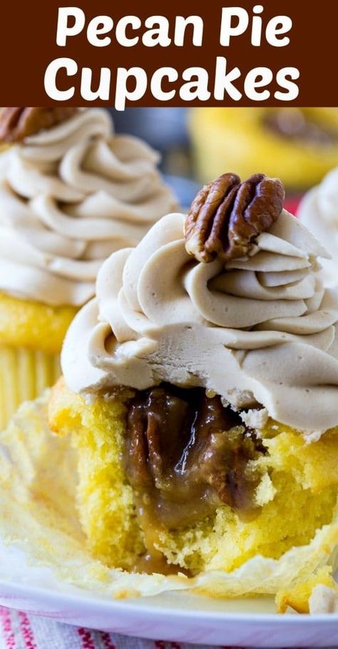 Pecan Pie Cupcakes have a gooey pecan pie filling in the middle and are topped with a creamy brown sugar buttercream.  #Thanksgiving #pecanpie Gooey Pecan Pie, Pecan Pie Cupcakes, Brown Sugar Buttercream, Thanksgiving Cupcakes, Pecan Pie Filling, Pie Cupcakes, Cupcake Decoration, Southern Kitchen, Thanksgiving Food Desserts