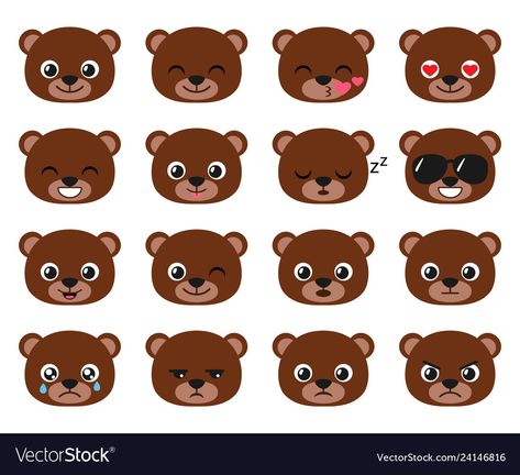 Teddy Bear Faces, Animal Emotions, Bear Emoji, Teddy Bear Face, Icing Transfers, Teddy Bear Theme, Royal Icing Transfers, Cute Cartoon Bear, Bear Character