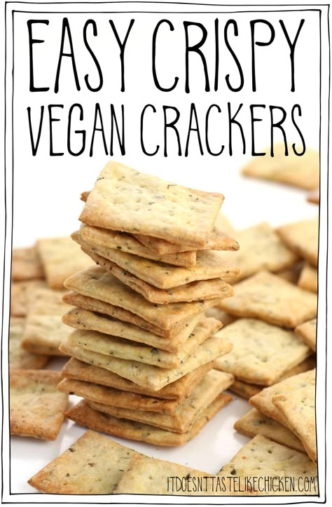 Easy Crispy Vegan Crackers! Just 9 ingredients to make these super crunchy crackers. Perfect for serving with your favourite vegan cheese, hummus, or any dip, or enjoy as a snack all on their own. #itdoesnttastelikechicken #veganrecipes #vegansnack Vegan Lunch Box, Easy Vegan Lunch, Easy Vegan Recipes, Vegan Snack Recipes, Quick Vegan, Like Chicken, Healthy Vegan Snacks, Vegan Crackers, Cracker Recipes