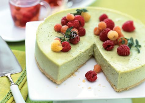 Green Tea Cheesecake with Raspberries and Raspberry-Mint Tisane Recipe - Bon Appétit Tea Cheesecake, Green Tea Cheesecake, Matcha Recipes, Matcha Recipe, Matcha Green, Matcha Green Tea, Tea Recipes, Cheesecake Recipes, Let Them Eat Cake