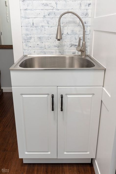 Laundry Room Makeover Reveal - The Navage Patch Laundry Room Sink Cover, Laundry Room Vanity With Sink, Laundry Room Ideas Narrow, Laundry Room Ideas With Sink, Utility Sink Ideas, Utility Sink Makeover, Laundry Room Utility Sink, Narrow Laundry Room Ideas, Laundry Room Folding Table