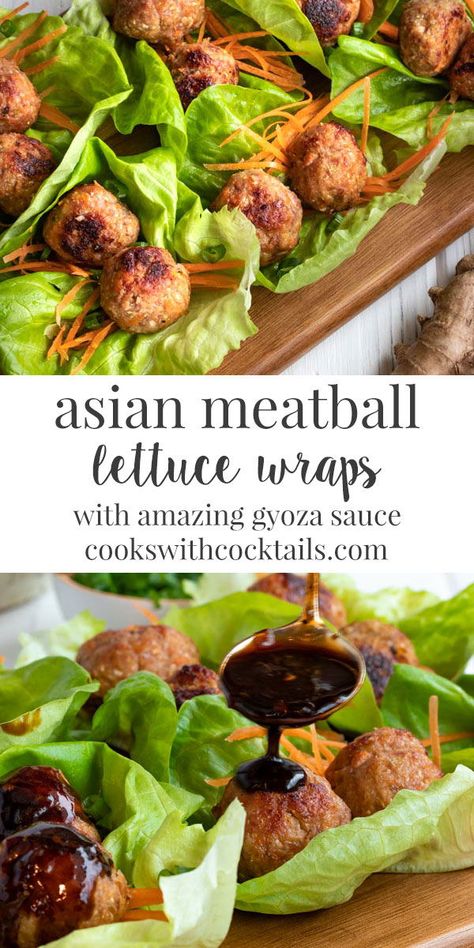 These Asian meatball lettuce wraps make a great appetizer, light lunch or dinner. These Asian meatballs are a healthy appetizers or a low carb dinner, and taste just like pork gyoza but without the hassle of wrapping and folding! Serve them like this in a lettuce wrap or as an easy meatball appetizer, covered in sauce but without the wrap. #cookswithcocktails #lettucewraps #asianmeatballs #meatballs #gyozabites Meatball Wraps, Meatball Lettuce Wraps, Low Carb Lettuce Wraps, Pork Gyoza, Salat Wraps, Meatball Appetizer, Lettuce Wraps Healthy, Asian Meatballs, Easy Meatball