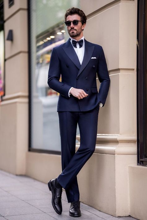 Step into a realm of midnight majesty with our Navy Double Breasted Tuxedo 2-Piece. This ensemble combines the deep allure of navy with the sophistication of a double-breasted cut, creating a look that exudes both confidence and grace. Ideal for black-tie events or grand celebrations, this tuxedo ensures you radiate elegance and poise.  #doublebreasted #navytuxedo #tuxedo #suit #suits #slimfit #menstyle #menfashion #fashioninspo Navy Blue Double Breasted Tuxedo, Mens Navy Blue Suit, Navy Blue Suit Men, Navy Blue Tuxedo, Suit For Men Wedding, Navy Suit Wedding, Navy Blue Tuxedos, Navy Tuxedos, Modern Fit Suit