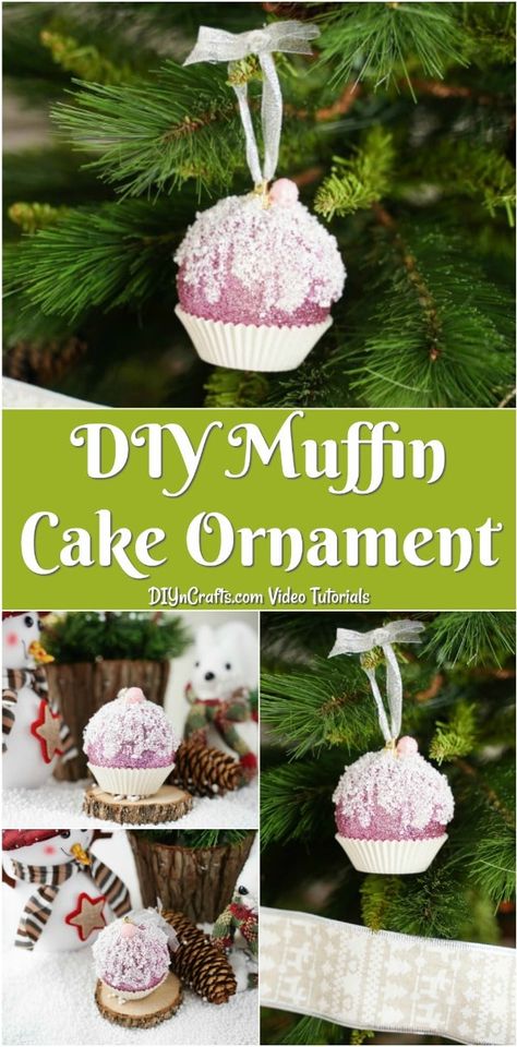 Sparkly DIY Cupcake or Muffin Ornament Craft - Make a DIY cupcake or muffin ornament craft in just a few minutes using a simple Christmas ball, glue, and some fake snow to add whimsy to your tree! #ornaments #diy #christmas #crafts Diy Cupcake Garland, Diy Cupcake Ornaments Christmas, Diy Food Ornaments, Hot Chocolate Ornaments Diy, Cupcake Ornaments Diy, Tree Ornaments Diy Christmas, Muffin Christmas, Cricut Noel, Tree Ornaments Diy