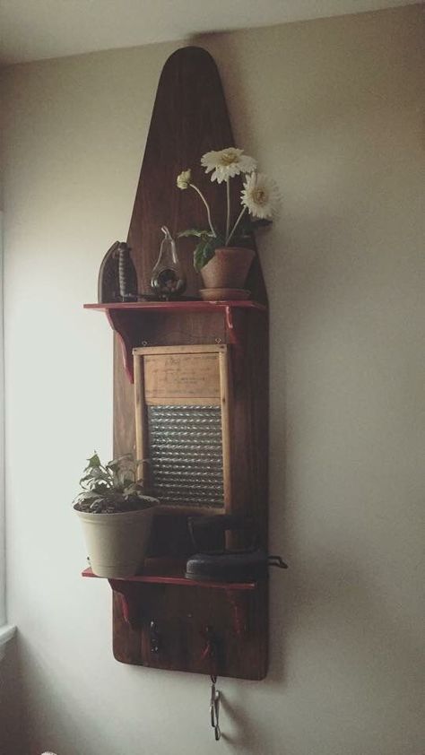 Shelf from old wooden ironing board  Shop our #FleaMarket for your own #vintage #decor and more Primitive Laundry Rooms, Wood Ironing Boards, Vintage Ironing Boards, Old Ironing Boards, Wooden Ironing Board, Upcycled Items, Antique Booth, Farmhouse Laundry, Farmhouse Laundry Room