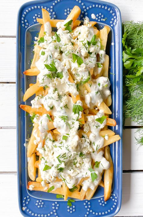 Greek Feta Fries Recipe, Greek Fries With Feta, Greek Poutine, Feta Ideas, Greek Fries Recipe, Feta Cheese Sauce, Easy Greek Recipes, Feta Fries, Meze Recipes