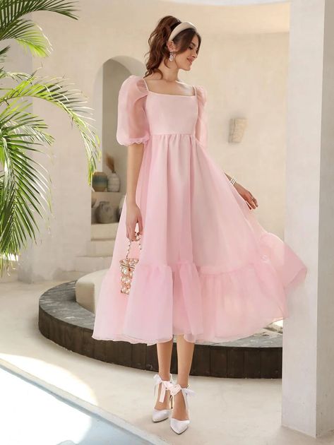 Puff Sleeve Ruffle Hem Organza Dress | SHEIN USA Organza Half Frock, Plain Net Frocks For Women, Net Half Frock Designs, Baby Pink Dresses For Women, Satin Dresses Pink, Plain Organza Frocks For Women, Plain Frocks For Women, Pink Frocks For Women, A Line Frocks For Women