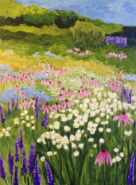 Painted Flower Field, Floral Landscape Painting, Flower Field Illustration, Flower Field Drawing, Flower Garden Painting, Field Of Flowers Painting, Fine Art America Painting, Flower Field Painting, Spring Scenery