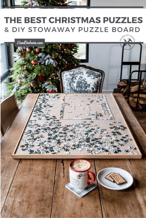 Do your puzzles on a DIY stowaway puzzle board so your table can always be clear! Plus 12 of our favorite Christmas puzzles. Puzzle Tray Diy, Jigsaw Puzzle Table, Christmas Puzzles, Easy Diy Home Projects, Christmas Jigsaw Puzzles, Puzzle Table, Christmas Vignettes, Diy Puzzles, Christmas Puzzle