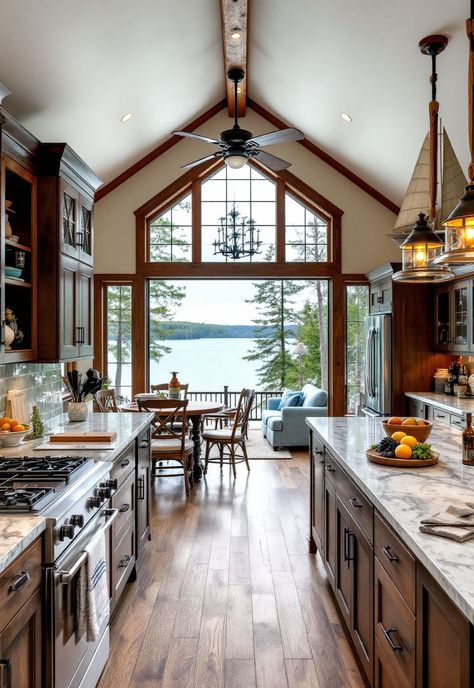 Rustic Kitchen Lakehouse Kitchens, Lake House Kitchens, Lake Cottage Kitchen, Contemporary Lake House, New England Kitchen, Rustic Kitchen Designs, Lakehouse Kitchen, Rustic Kitchen Ideas, Rustic Bar Stools