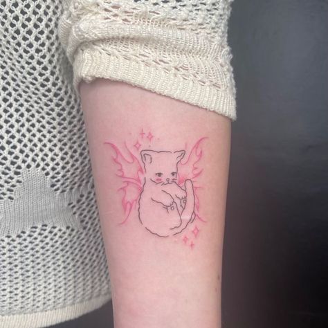 Pink Linework Tattoo, Minimalist Cat Tattoo, Soft Tattoo, Kitten Tattoo, Cute Cat Tattoo, Pink Tattoo, Kawaii Tattoo, Cute Tiny Tattoos, Fairy Tattoo