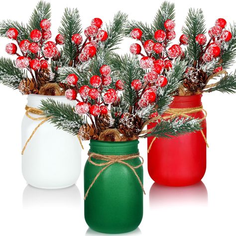 PRICES MAY VARY. Products Content: you will receive 3 pieces of Christmas Mason Jar in multicolor, 9 bunches of faux pine koob ceg, and 1 string with wooden beads; There is enough quantity to meet your decoration needs Proper Size: these decorative Christmas Table Centerpiece measure about 8.2 x 12.9 cm/ 3.23 x 5.08 inches (D x H), have a capacity of about 500 ml/16.9 oz, the length of the twine is about 80 cm/ 31.5 inches, suitable for most households Reliable Material: our Christmas jars for c Table Decoration For Christmas Dinner, Ward Christmas Party Centerpieces, Apple Christmas Decorations, Colorful Christmas Party Decor, Christmas Mason Jar Gift Ideas, Christmas Event Table Decor, Holiday Desk Decorations, Fit Christmas Decorations, Kids Christmas Party Table Decor