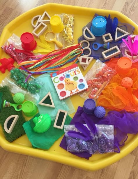 Baby Room Activities Eyfs Ideas, Infant Tuff Tray Ideas, Colour Activities For Babies, Colour Tuff Tray Ideas, Eyfs Baby Room Activities, Tuff Trays For Babies, Baby Room Tuff Tray Ideas, Rainbow Tuff Tray, Baby Room Activities Eyfs