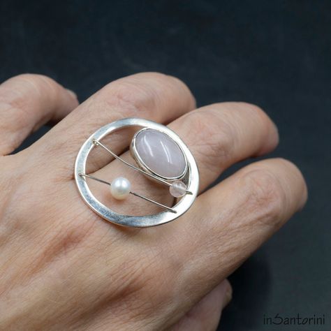 Unique Sterling Silver Ring with Rose Quartz, Designer's Gemstone Ring Gift, Rose Quartz Jewelry Rose Quartz Jewelry, Greek Jewelry, Rose Quartz Beads, Quartz Jewelry, Quartz Rose, Ring Collections, Everyday Jewelry, Gemstone Ring, Santorini