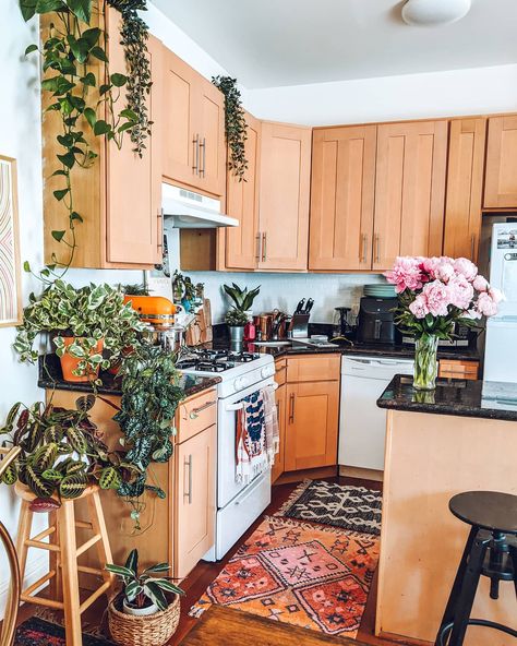 Sunday Rental Kitchen Vibes 🥰🥰🥰 I may have shared this before but the kitchen has been my least favorite part of our apartment. It felt like the one thing I couldn't change at all. Until I decided to just put a little effort in and it's been so cute ever since! (Plants, textiles, faux tile back splash, and some strategically placed kitchen items!) Try to look at a space you don't love with a fresh take today and see if you can shop your own home for favorite pieces! It's worth it to put that Colorful Boho Apartment, Fun Apartment Ideas, Colorful Apartment Kitchen, Apartment Decorating Colorful, Fun Kitchen Ideas, Apartment Inspiration Kitchen, Fun House Decor, Fun Kitchens, Boho Apartment Ideas