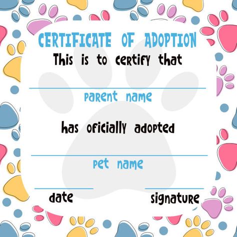 Adoption Certificate Template, Dog Adoption Certificate, Pet Adoption Certificate, Certificate Of Achievement Template, Certificate Design Template, Adoption Certificate, Dog Birthday Party, Certificate Design, Birth Certificate