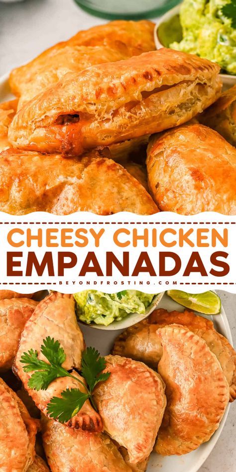 A busy weeknight dinner with zero-fuss ingredients! This baked empanada recipe will become one of your favorite main dishes for dinner. Along with a kick of zesty, spicy chipotle, these Cheesy Chicken Empanadas are delicious! Chicken And Cheese Empanadas Recipe, Empanadas Recipe Baked, Dinner With Avocado, Main Dishes For Dinner, Chicken Empanadas Recipe, Chicken Empanada Recipe, Homemade Empanadas, Chicken Empanadas, Chicken And Cheese