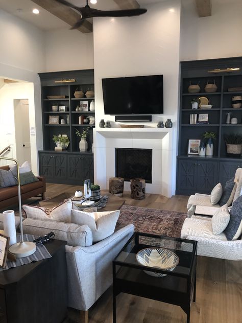 Utah Valley Parade of Homes 2018, Millhaven..   Go to this link for all paint colors:    https://www.favoritepaintcolorsblog.com/2018/07/modern-farmhouse-home-tour-utah-valley-parade-of-homes.html?utm_source=feedburner&utm_medium=email&utm_campaign=Feed%3A+FavoritePaintColors+%28Favorite+Paint+Colors%29 Painted Built Ins, Built In Around Fireplace, Built In Shelves Living Room, Living Room Built Ins, Fireplace Built Ins, Neutral Living Room, Living Room Decor Modern, Room Remodeling, New Living Room