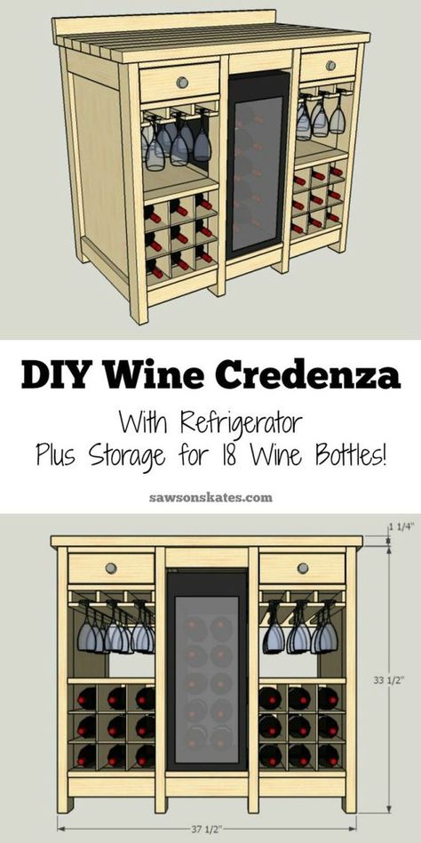 One of the best wine storage cabinet ideas I've seen! This small DIY wine credenza features a wine refrigerator, wine glass storage, plus storage for 18 wine bottles. AWESOME! Storage Cabinet Ideas, Wine Credenza, Wine Storage Cabinet, Diy Wine Rack Projects, Wine Storage Diy, Wine Rack Projects, Wine Storage Cabinets, Wine Rack Design, Wine Glass Storage