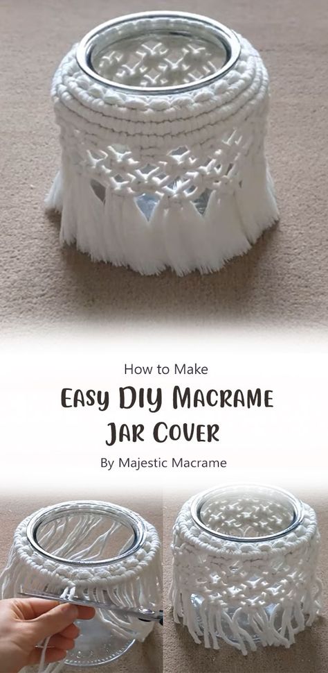 This beautiful and fun DIY jar cover is the perfect gift for friends and family. This jar covers would also make a great Christmas gift if you’re looking for something different this year. Macrame Jars Diy, Macrame Pot Cover, Macrame Mason Jar Covers, Free Pattern For Large Macrame Vase Cover, Macrame Around Jars, Macrame Covered Jars, Macrame Jar Cover Diy, Macrame Jar Cover, Macrame Glass Jar