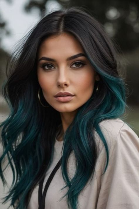 Trending Ombre Hair Color Ideas Hair With Peekaboo Color, Blue Hair Streaks, Exotic Hair Color, Hair Ideas For Brunettes, Ombre Hair Color Ideas, Peekaboo Color, Warm Wood Tones, Blue Ombre Hair, Peekaboo Hair