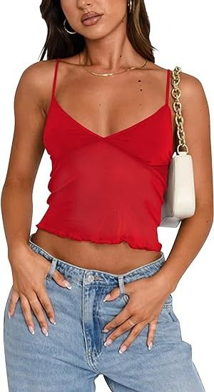 Cioatin Women Y2K Sleeveless See Through Mesh V Neck Crop Tank Cami Spaghetti Strap Bustier Slim Backless Tops Going Out Red at Amazon Women’s Clothing store Women Y2k, Crop Tank, Spaghetti Strap, Going Out, Spaghetti, Mesh, V Neck