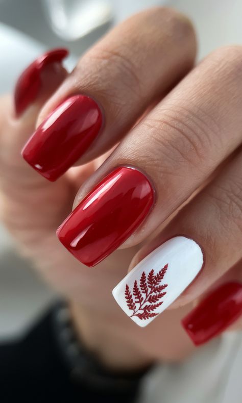 This square short manicure combines rich, glossy red nails with a crisp white accent featuring a delicate red botanical design. The contrast between the bold red and the soft white detail adds a touch of elegance and sophistication, making it the ideal nail set for those who love timeless beauty with a modern twist. Glossy Red Nails, Green And Purple Nails, Short Manicure, Spring Nails Ideas, Simple Spring Nails, Elegant Nail Designs, Botanical Design, Acrylic Designs, Purple Nails