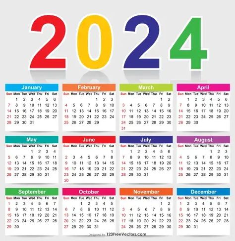 Free Colorful 2024 Calendar Vector Yearly Calendar Template, Printable Yearly Calendar, Calendar Png, 2020 Calendar Template, Calendar Vector, New Year Calendar, Editable Calendar, Blank Calendar Template, Calendar 2019