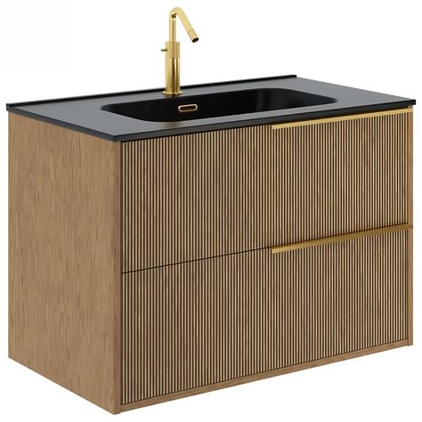 Kora Art Faux Fluted 32" Single Vanity with Integrated Black Ceramic Top & Black Handles | Tilebar.com Build Your Own Vanity, Tulum Home, Floating Vanity Bathroom, Lux Bathroom, Primary Bathroom Ideas, Powder Room Vanities, Luxury Powder Room, Master Vanity, Floating Vanities