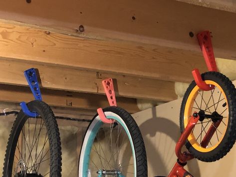 3D Model for printing ONLY. Not a physical item  Need more space? Store your bicycles with style! Use one, or two hooks per bike to save space in your garage, basement, or shed. PETG recommended, with several walls and decent infill for strength. This is a fairly large model, requiring a bed area of at least 200x200mm. Hanging Bikes In Garage, Bike Hooks, Garage Basement, Need More Space, 3d Modelle, Bike Storage, Garage Walls, Kids Bike, Tool Organization