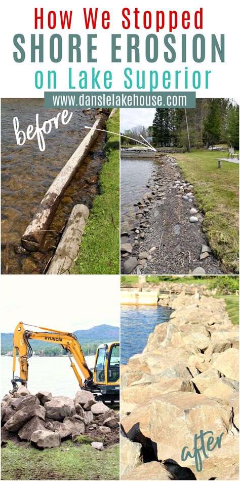 Need help with lake shore erosion control? Click through to see how we Stopped Shore Erosion on Lake Superior. I saved my shoreline with a large stone shore erosion structure. This is my advice for how to fix lakeshore erosion and how to protect your shoreline from erosion. I'll show you before and after shoreline photos so you can see how much lawn I lost due to shore erosion and how I got some of it back. Plus I'm sharing the cost! Shoreline Erosion Control, Lake Shoreline Ideas, Lake Shore Landscaping Ideas, Landscaping House, Deck Stain Colors, Blogger Home, Lake Front, Staining Deck, Erosion Control