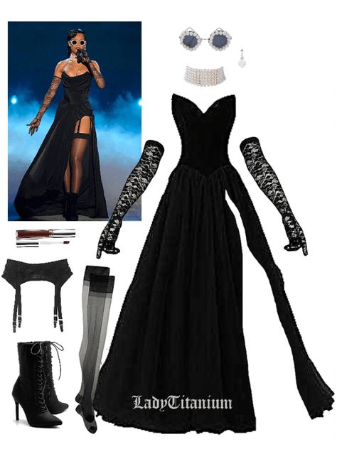 DIY Celeb Costume: Rihanna’s VS Performance Outfit | ShopLook Rihanna Black Dress Victoria Secret, Rihanna Halloween Costume Ideas, Pop Performance Outfit, Rihanna Vs Fashion Show, Rihanna Costume Ideas, Black Dress Performance Outfit, Rihanna Party Outfit, Grammy Inspired Outfits, Rihanna Outfits Dresses