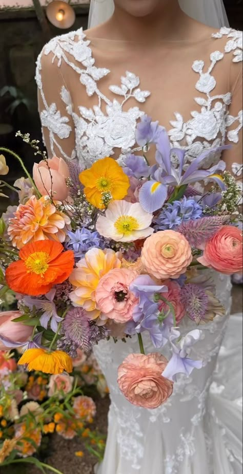 Colorful Floral Bouquets, Wedding Bouquets Iris, Asymmetrical Bouquet Wedding, Muted Sunset Color Palette Wedding, Multicolor Bridal Bouquet, Wildflower Wedding Color Pallet, Bright Wedding Reception, Spring Floral Wedding Bouquet, Bright Floral Wedding Arch